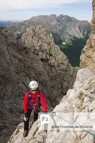 Climber on the Masara-Corda Rossa via ferrata  Dolomites  South Tyrol  Italy  Europe