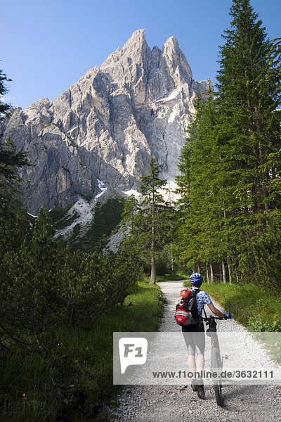Zwölferkofel mit Mountainbiker  Südtirol  Italien  Europa
