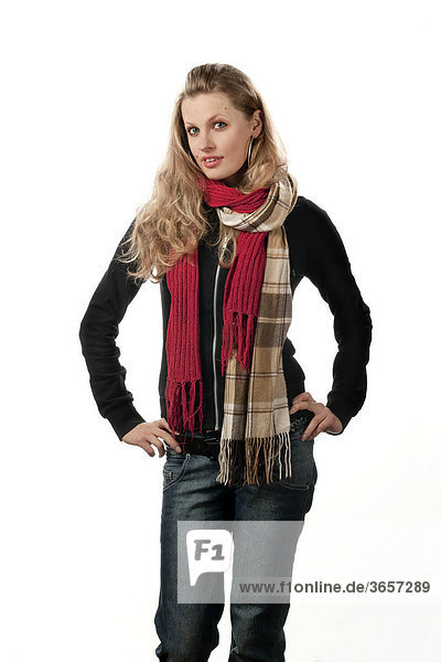 Young woman  24 years old  with two scarves and wool jumper