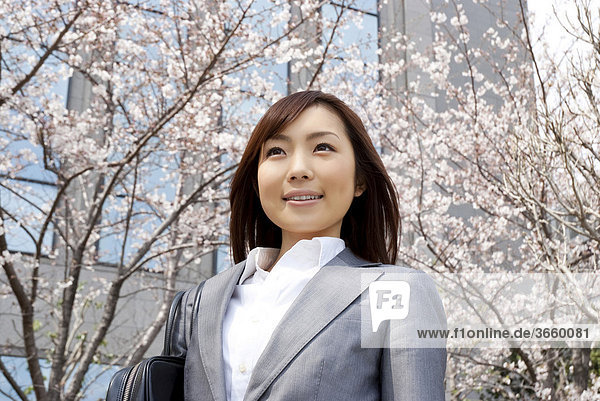 Businesswoman standing under cherry blossom tree