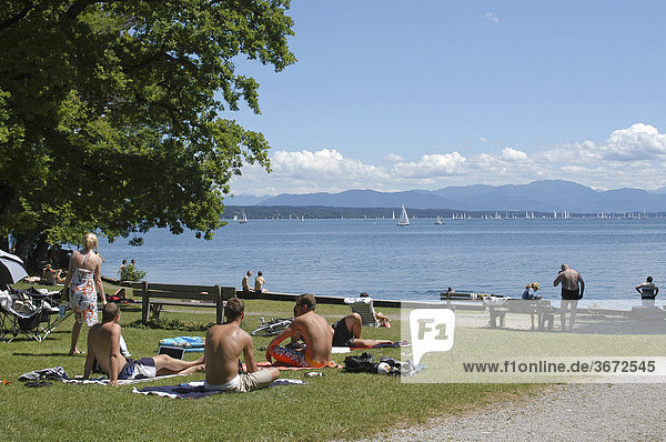 Starnberger See south of Munich Upper Bavaria Germany bathing meadow in Tutzing