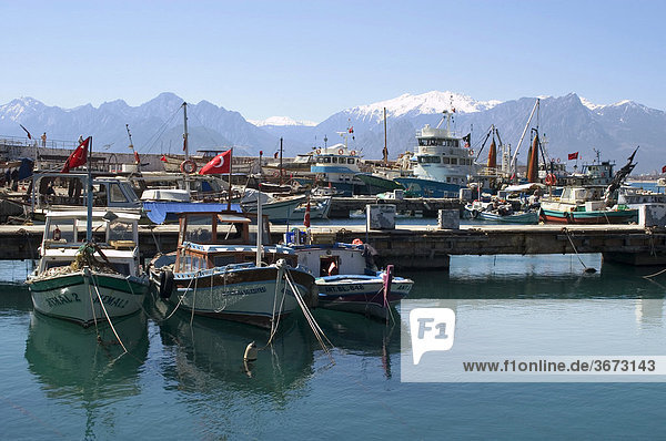 Antalya at the south coast Turkey at the harbour in the background the mountains of the national park olympos