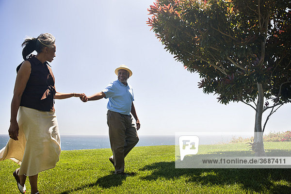 Seniorenpaar Hand in Hand auf einer Wiese am Meer