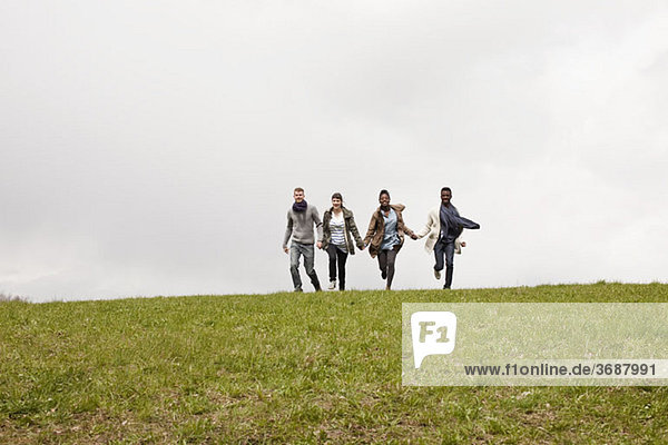Two couples running down a hill while holding hands