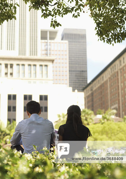 A businessman and a businesswoman sitting side by side in a downtown park  rear view
