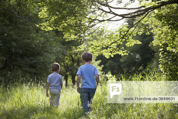 Zwei kleine Jungen  die im Sommer im Freien spazieren gehen.