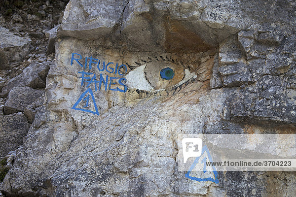 Rocks with painted sign to Fanes hut  Trentino  Alto Adige  Italy  Europe