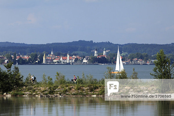 View from the Rhine estuary in Fussach across Lake Constance to Lindau in Bavaria  Germany  from Vorarlberg  Austria  Europe