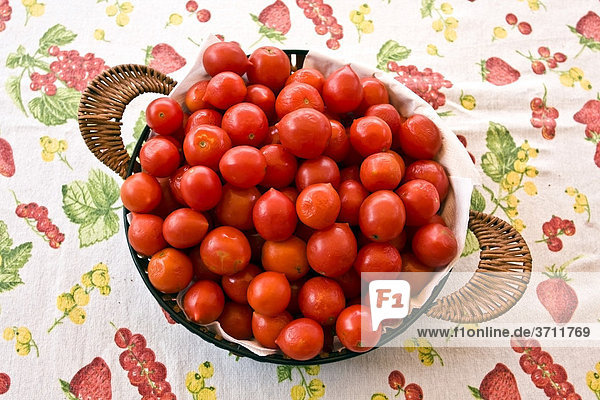 Pachino Tomaten in einem Korb  kleine rote Kirschtomaten aus dem Süden Italiens  Italien  Europa