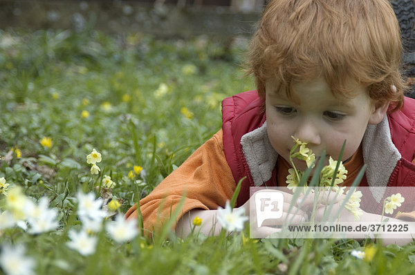 Kind im Frühjahr freut sich über die ersten Blumen