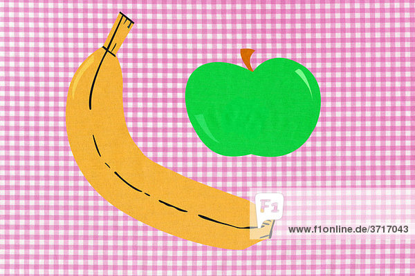 Banane und Apfel auf rosa Gingham-Hintergrund