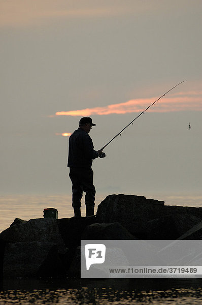 A single angler standing at the coast of the Baltic Sea at dusk Germany