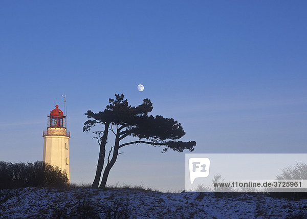 Leuchtturm im Abendlicht  aufgehender Mond  Hiddensee  Ostsee  Mecklenburg-Vorpommern  Deutschland  Europa