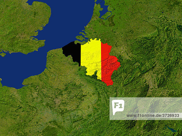 Satellite image of Belgium with the region's flag covering it