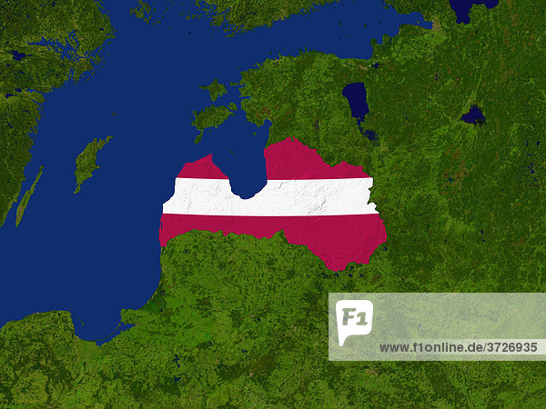 Satellitenaufnahme von Lettland wird von der Nationalflagge ausgefüllt