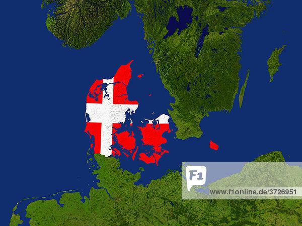 Satellite image of Denmark with the country's flag covering it