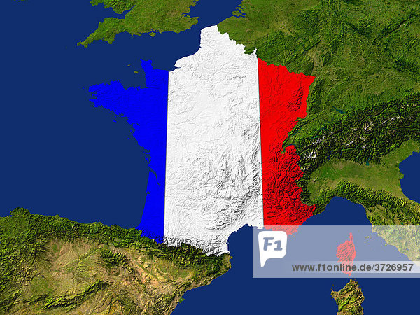 Satellite image of France with the country's flag covering it