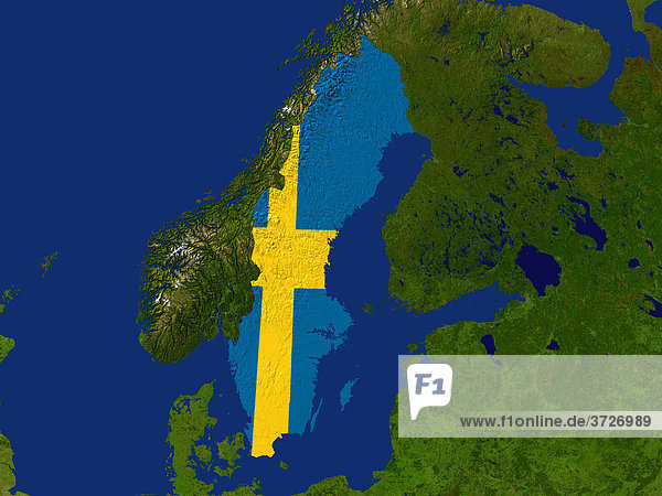 Satellite image of Sweden with the country's flag covering it