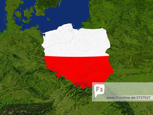 Satellite image of Poland with the country's flag covering it