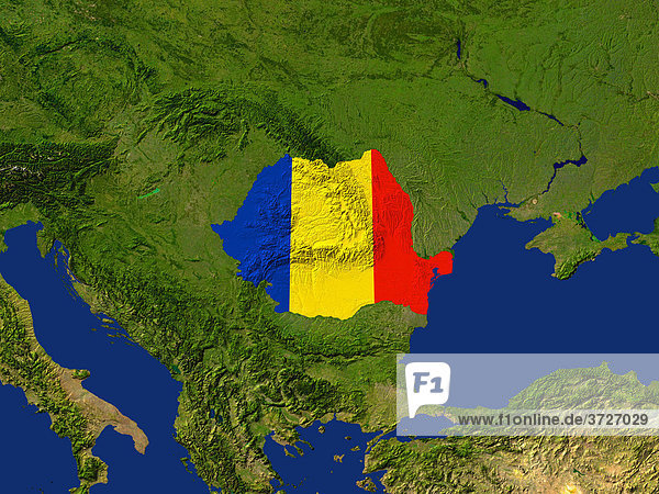 Satellite image of Romania with the country's flag covering it