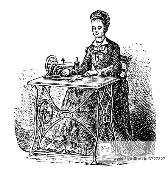 Nähmaschine  historische Illustration aus: Marie Adenfeller  Friedrich Werner: Illustriertes Koch- und Haushaltungsbuch  1899/1900  S. 630  Fig. 731