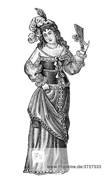 Deutsche Tracht  1640  historische Illustration aus: Anna Fischer Dückelmann: Die Frau als Hausärztin  2. Aufl. 1907  S. 142  Fig. 82