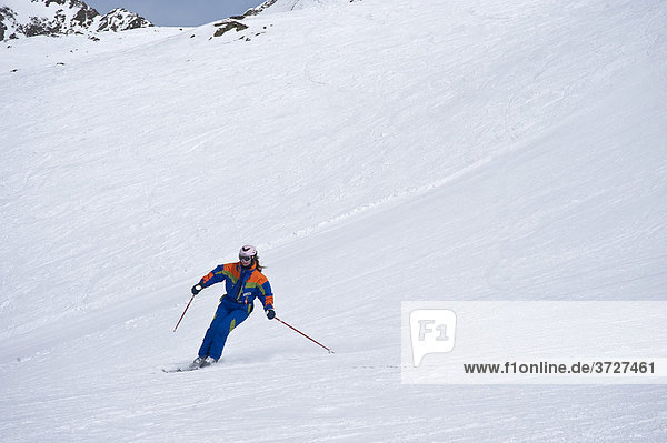 Female skier with helmet  skiresort  Obergurgl  Hochgurgl  Oetztal Valley  Tyrol  Austria