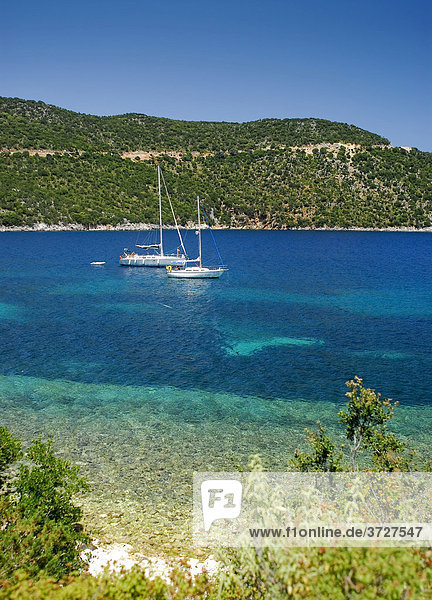 Sailing Boats in a bay  Kefalonia  prefecture Kefallinia and Ithaca  Ionian Islands  Greece  Europe