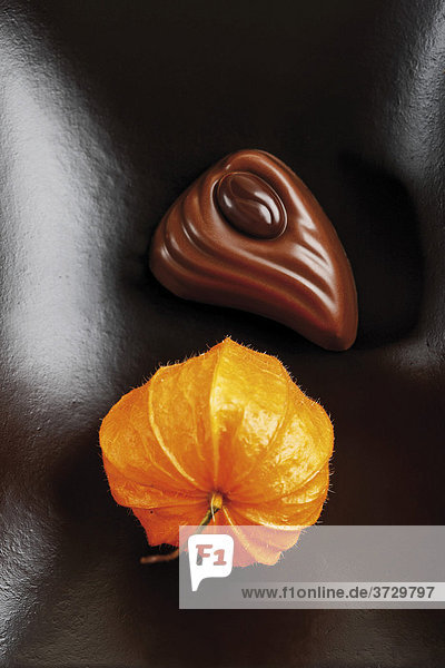 Filled chocolate with decorative Chinese lantern flower