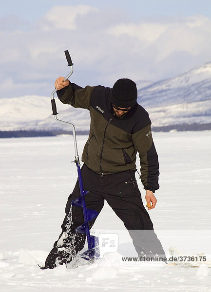 Man ice fishing  drilling a hole with an ice auger  Fox Lake  Yukon Territory  Canada
