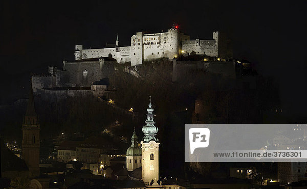 Burg Hohensalzburg Fortress at night in Salzburg  historic town centre  Salzburg  Austria  Europe