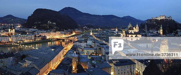 Panorama  historic town centre of Salzburg at night  Austria  Europe