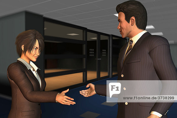 Businessman and businesswoman about to shake hands in office