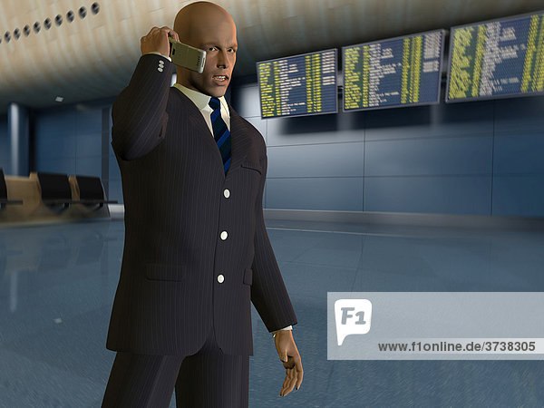 Computer illustration of a businessman talking on mobile phone in airport