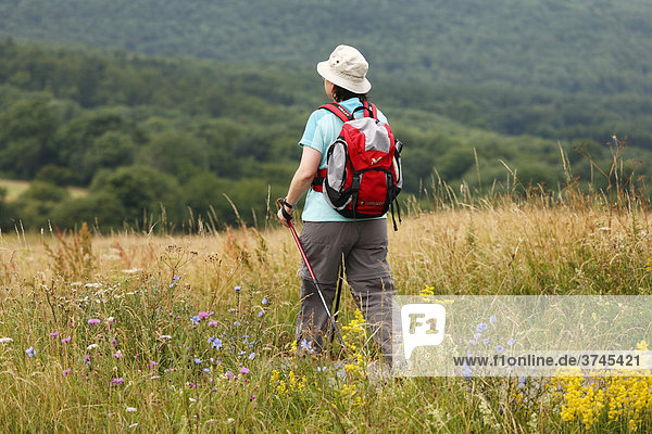 Woman with backpack hiking through a meadow landscape  Kreuzberg  Rhoen  Lower Franconia  Bavaria  Germany  Europe