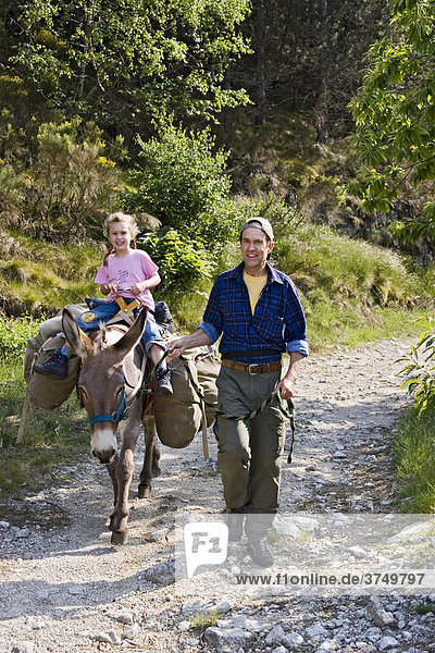 Father and daughter on a donkey hike  Cevennes  Mont Lozere  France  Europe