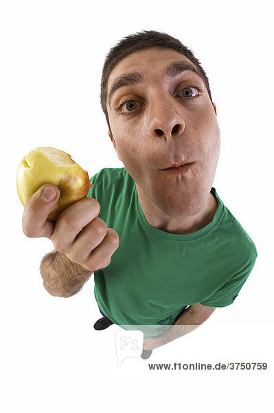 Man eating an apple  fish-eye lens