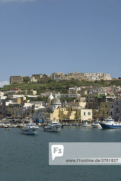 Blick vom Meer auf Hauptort Procida und Hafen  Insel Procida  Golf von Neapel  Kampanien  Italien