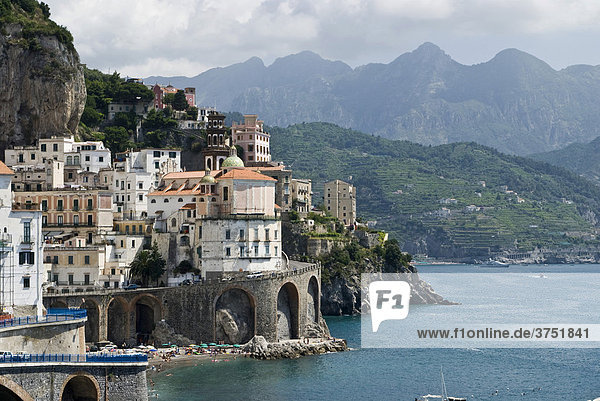 Mountains and Atrani  town along the Amalfi coastline  Campania  Italy