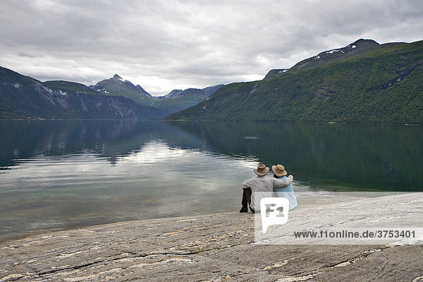 People enjoying the landscape at Lang Fjord  Boggestranda  M¯re og Romsdalen  Norway  Scandinavia  Europe