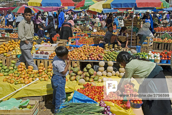 One of the most beautiful marketes in the indian village San Juan Chamula sales of fruits Chiapas Mexico
