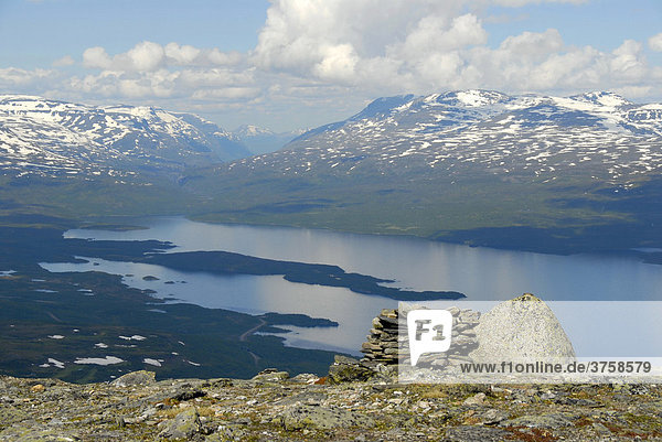 Vast view from the top of a mountain onto Lake Tornetraesk  Abisko National Park  Lapland  Sweden