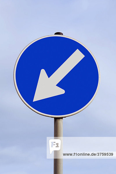 Traffic sign with an arrow pointing down and to the left decline declining descent southwest