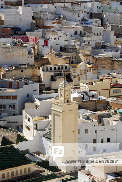 Blick von oben auf die Altstadt mit Minarett in der Zaouia islamischer Wallfahrtsort Moulay-Idriss Marokko