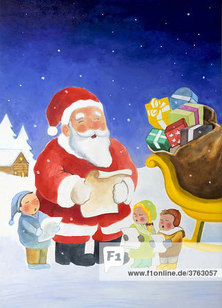 Weihnachtsmann singt zusammen mit Kindern,  neben dem Schlitten mit den Geschenken,  Illustration