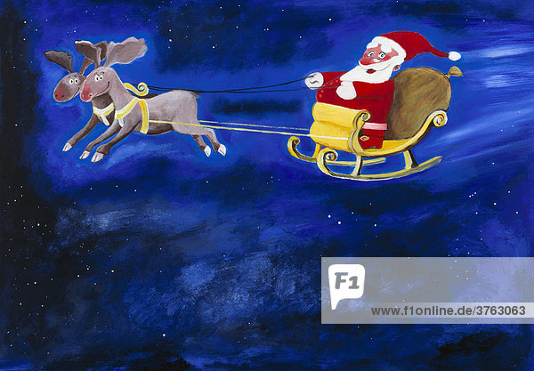 Der Weihnachtsmann bringt die Geschenke mit dem Rentierschlitten  Illustration