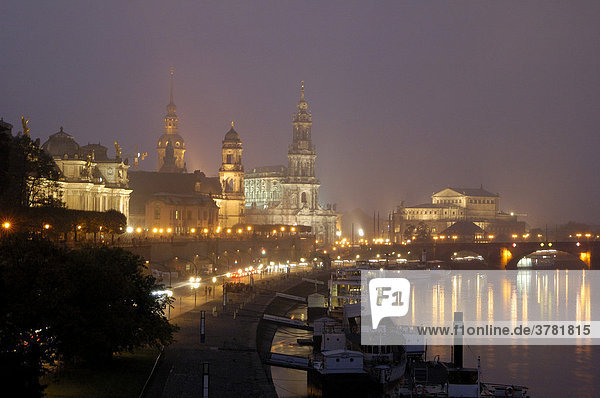 River Elbe Bruehlsche Terrasse and historical buildings at twilight Dresden Saxony Germany