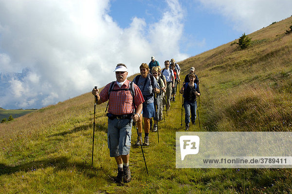 Group is hiking on grass covered mountains Mont Joux Haute-Savoie France