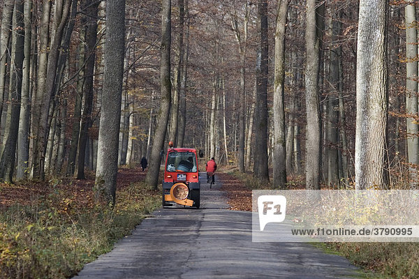 Traktor mit Laubgebläse säubert Waldweg von Herbstlaub