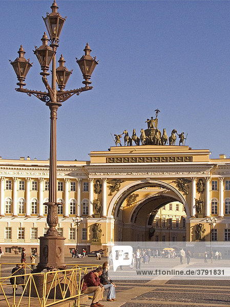 White Nights  GUS Russia St. Petersburg 300 years old Venice of the North Victory Coach on the Gate of the General Staff Building to the big Square with Alexander Columne built in 1834 near Eremitage Winter Palace Visitors and Tourists